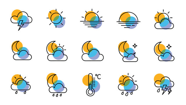 Colorful weather icon set, depicting sun, moon, clouds, rain, lightning, and temperature, with abstract circles for forecasts.