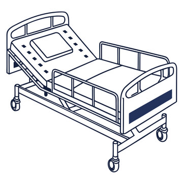 Adjustable hospital bed with wheels and side rails, outline vector
