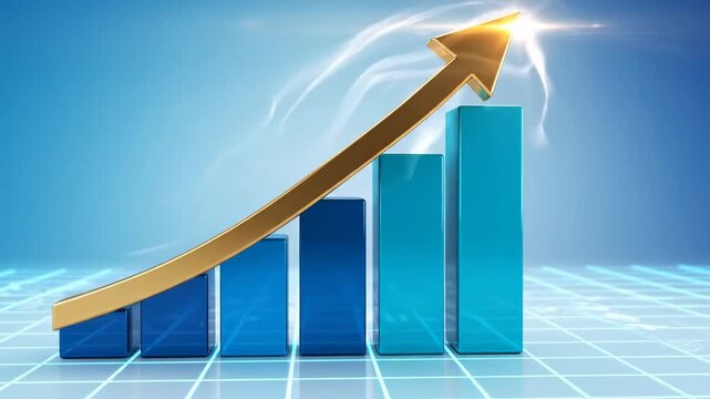 Financial growth concept with rising bar chart and golden arrow symbolizing success and business performance improvement on blue gradient background