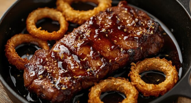 Filipino style angus bistek tagalog steak aged dry with soy sauce glaze and fried onion rings in cast iron