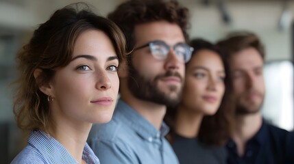 Fototapeta premium A diverse group of professionals in a modern office looking forward with focus and determination