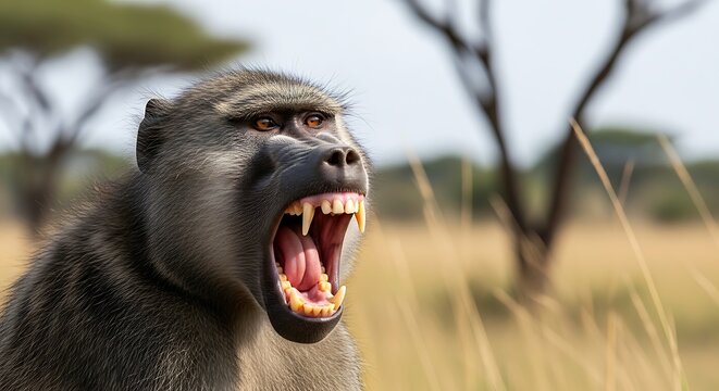 Close-up of a powerful baboon with its mouth wide open, revealing sharp fangs in a display of aggression or warning in the African savanna