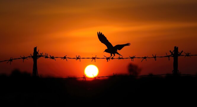 Silhouette of a bird flying over barbed wire during an autumn sunset commemorating abolition history