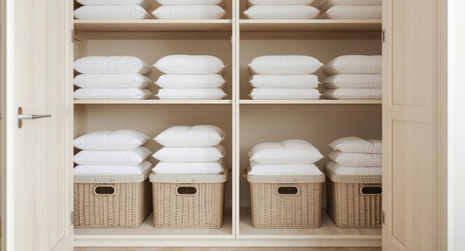 Organized laundry baskets with white pillows and towels displayed in a tidy open wardrobe