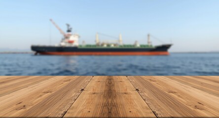 Naklejka premium polished wooden table surface and a ship moving slowly behind