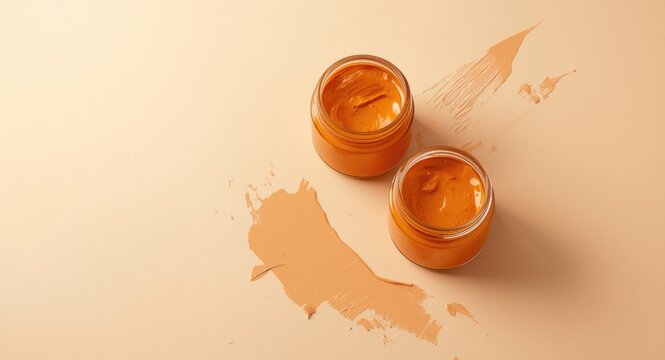 Set of open jars with thick orange paint placed on matte painted surface background