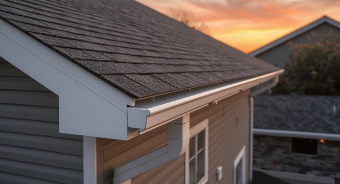 White frame gutter guard system with gray vinyl siding and drip edge on sloped attic roof under sunset sky