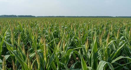 Fototapeta premium Broad outlook on lush corn crop growing vigorously in open field