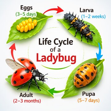 A semi-realistic 3D educational diagram showing the life cycle of a ladybug arranged in a circular infographic layout. Including eggs on a leaf, larva stage, pupa attached to a leaf surface