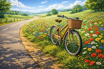 Fototapeta premium A semi-realistic 3D illustration of a scenic countryside road with a wooden bicycle resting beside a field of wildflowers. With rubber tire textures, vibrant flower colors, and natural grass movement