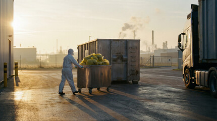 Naklejka premium Worker in protective suit transporting yellow biohazard waste bags on cart at outdoor medical facility loading dock at dawn.