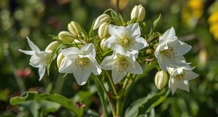Obraz premium Freshly blossomed white hellebore flowers in a bright spring garden