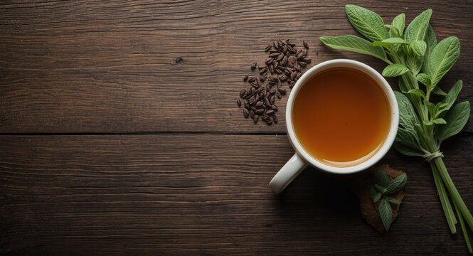 Fresh green sage and warm sage tea cup placed on rustic wood table with room for text