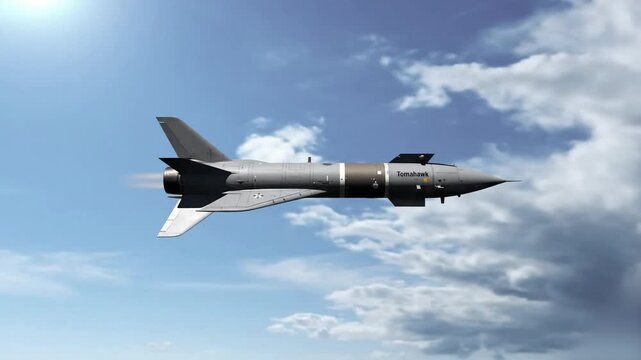 A side view of a military cruise missile in flight against a background of scattered clouds and blue sky. The 3D render shows the markings and streamlined design of the long-range precision weapon.