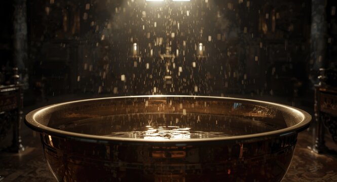 Holy water baptismal font in Orthodox church with metal bowl and copy space for text
