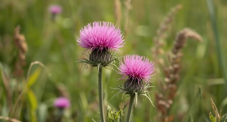 Herbal milk thistle showing vivid pink flowers in a meadow banner design