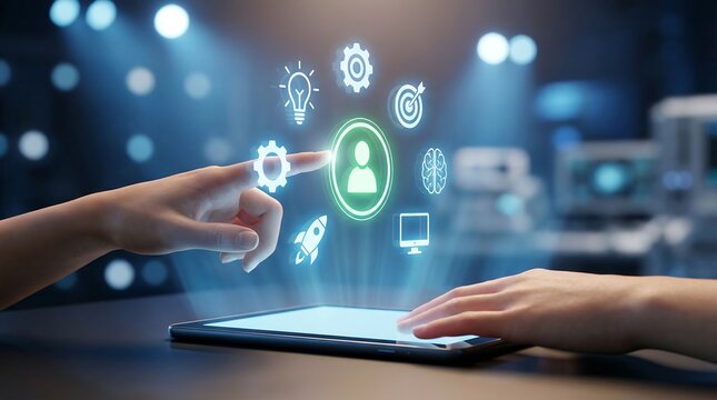 A futuristic virtual screen floating above a digital tablet, displaying a prominent person icon surrounded by various business and HR-related digital symbols, representing human resources management.