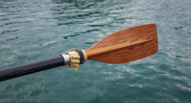 Oar fastened in metal oarlock on boat with gentle rippling lake in summer time