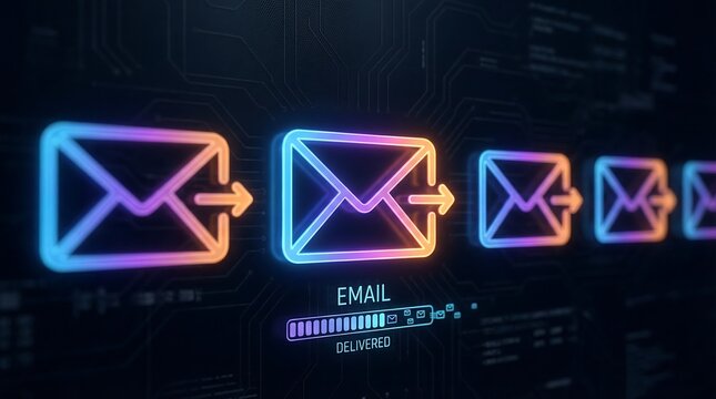 A vibrant, futuristic of glowing email envelope icons moving in a sequence across a digital interface, with a 'DELIVERED' progress bar, symbolizing successful communication and digital messaging