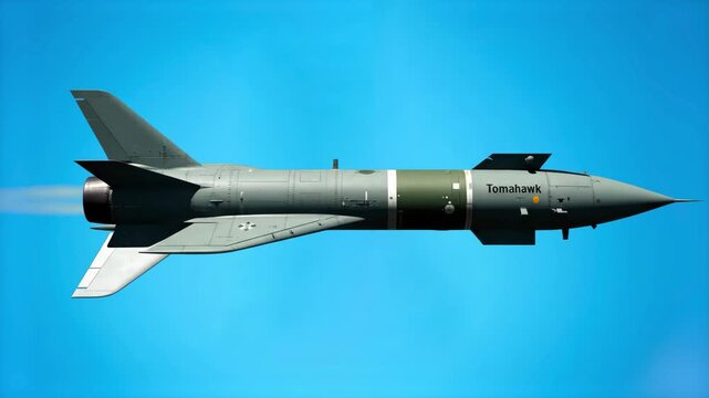 A side view of a military cruise missile in flight against a background of scattered clouds and blue sky. The 3D render shows the markings and streamlined design of the long-range precision weapon.