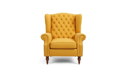 Fototapeta premium Isolated yellow armchair with art deco quilted pattern seen from front on white background with clipping path