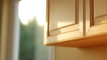 Fototapeta premium Warm sunlight illuminates clean wooden kitchen cabinets, creating a bright and inviting atmosphere in a contemporary home interior space