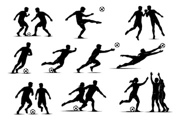 Fototapeta premium Silhouettes of soccer players kicking, running, and celebrating on field.