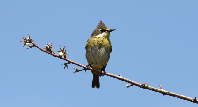 Male kinglet gripping a delicate branch against a clear sky