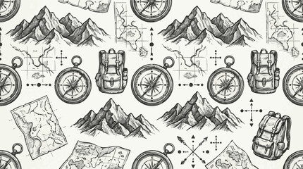 Seamless hand-drawn pattern featuring mountains, compasses, and backpacks for travel and adventure themes © Abbey Hananta