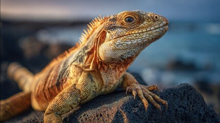 Obraz premium Detailed close-up portrait of a sun-drenched iguana basking on a textured lava rock, its scaly skin illuminated by warm golden light.