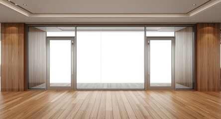 Fototapeta premium Modern architectural corridor with wooden flooring and clear glass doors showcasing blank white banner