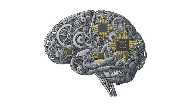 An intricate metallic human brain, constructed from gears, cogs, and glowing microchips, rests against a plain white background.