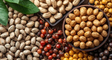Obraz premium Nutrient dense superfood assortment including tiger nuts and golden berries displayed on wooden table