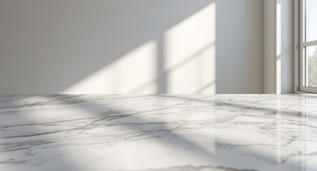 Obraz premium Sleek marble kitchen top under sunlight with window shadow for product presentation backdrop