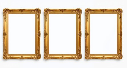 Set of three ornate gold frames placed on a crisp white background with reserved copy space for text or design
