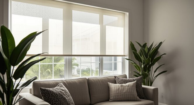 Indoor living area featuring motorized white roller window shades, couch, and leafy houseplant decor