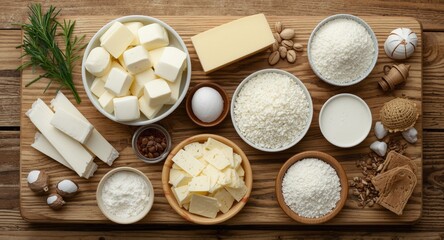 Selection of essential dairy ingredients displayed on natural wood table