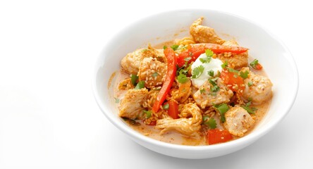 Savory Chicken Soto in White Serving Dish on Clean White Backdrop