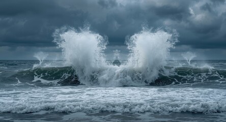 Naklejka premium agitated ocean surface with forceful wave breaks