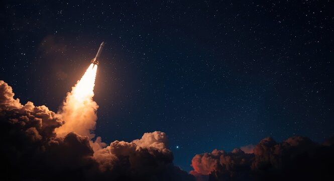Smoke filled rocket lifting off into a star filled night sky