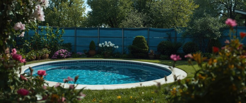 Round swimming pool concealed with blue tarps amidst green garden and blossoming flowers copy space