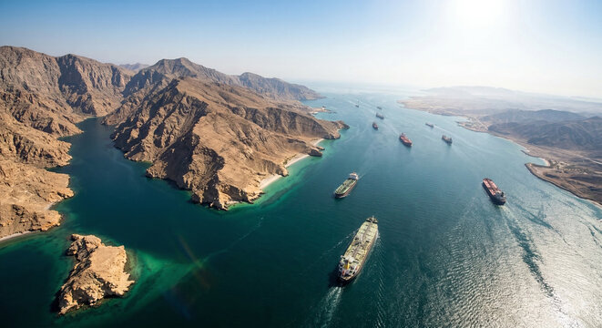 Large cargo ships navigating a picturesque mountain strait at sea.
