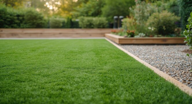 Green lawn area next to gravel garden with wooden sleepers for landscaping projects