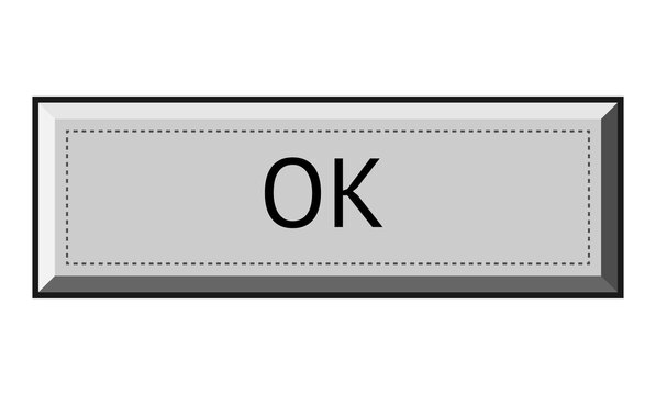 Rectangular gray interface button frame with centered OK text isolated on transparent background in simple 3D style.