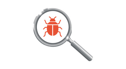 Fototapeta premium A silver magnifying glass with a grey handle shows a red insect icon on a white background.