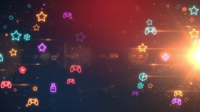 Colorful neon glowing game controller, star, USB, and dice icons floating on dark background with bright light flare, vibrant digital entertainment featuring dynamic colorful neon symbols