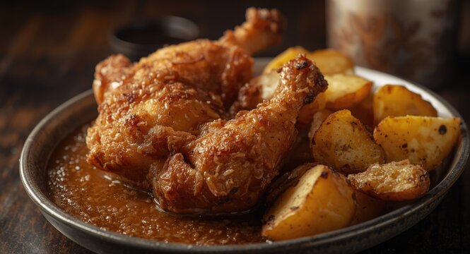 Broasted chicken fried in batter and oil served with warm roasted potatoes