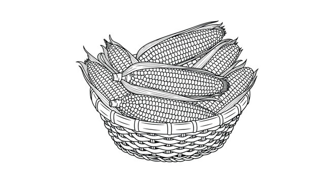 A black and white line drawing shows a woven basket overflowing with multiple ears of corn, some with partially peeled husks, on a white background.