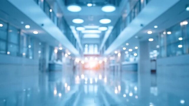 Blurred background of a modern, empty hospital or office corridor.