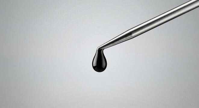 Close-up of a dark viscous drop of oil from a metal dropper.